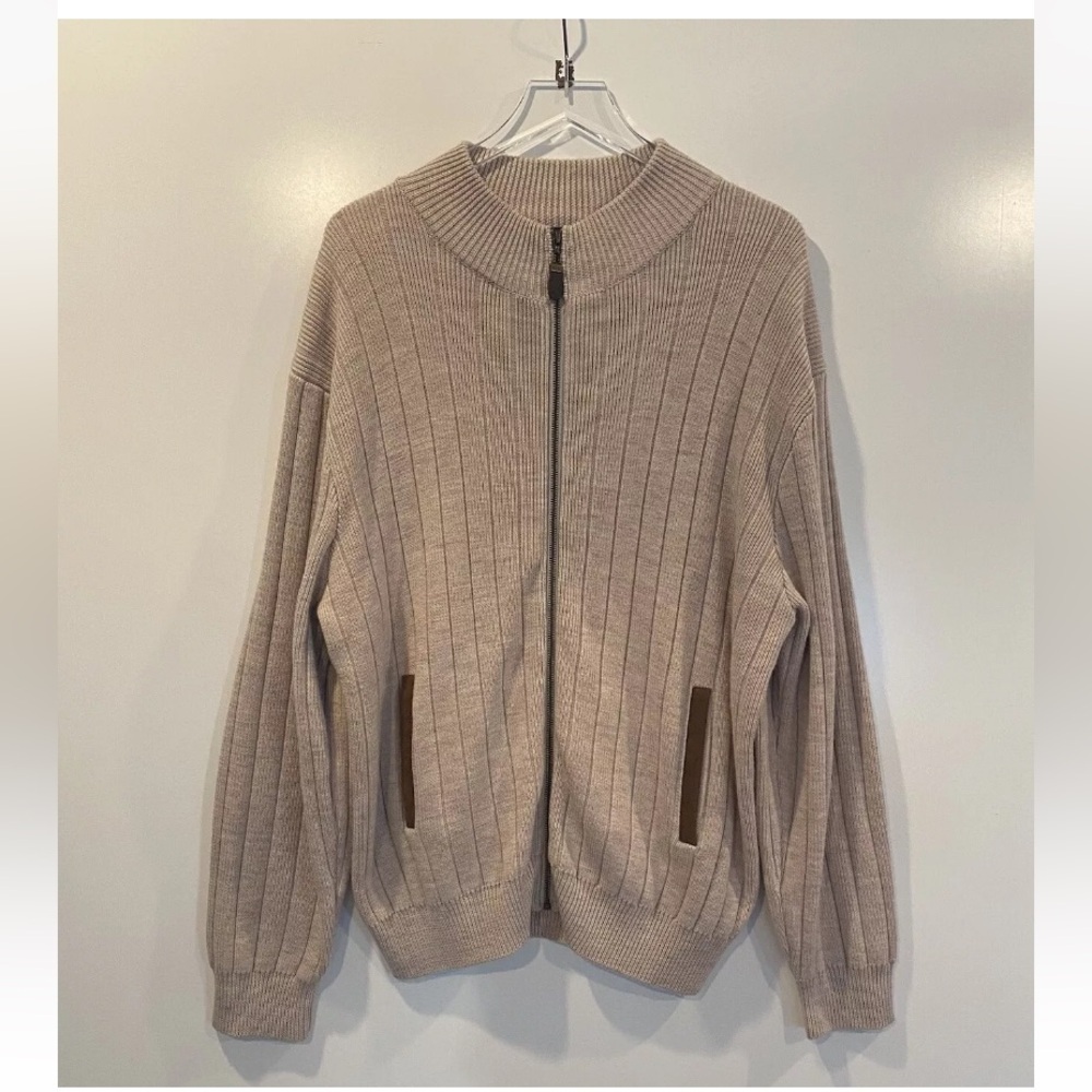 Orvis Beige Full Zip Wool Cardigan‎ Sweater Elbow Patches Men’s Large (G)